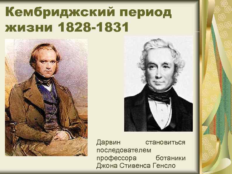 Кембриджский период жизни 1828 -1831 Дарвин становиться последователем профессора ботаники Джона Стивенса Генсло 