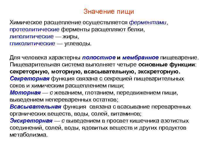 Значение пищи Химическое расщепление осуществляется ферментами, протеолитические ферменты расщепляют белки, липолитические — жиры, гликолитические
