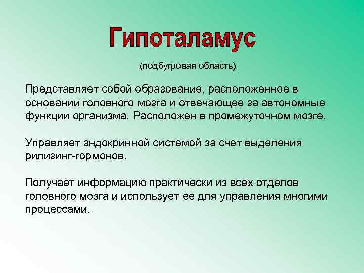 (подбугровая область) Представляет собой образование, расположенное в основании головного мозга и отвечающее за автономные