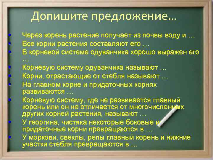Допишите предложение… § § § § § Через корень растение получает из почвы воду