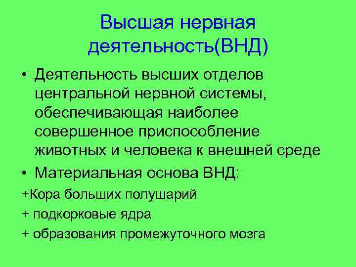 Высшая нервная деятельность(ВНД) • Деятельность высших отделов центральной нервной системы, обеспечивающая наиболее совершенное приспособление