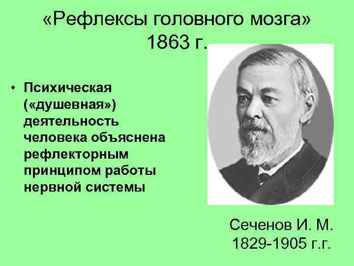  «Рефлексы головного мозга» 1863 г. • Психическая ( «душевная» ) деятельность человека объяснена