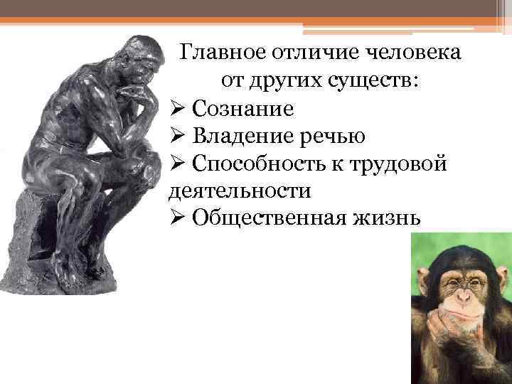 Главное отличие человека от других существ: Ø Сознание Ø Владение речью Ø Способность к