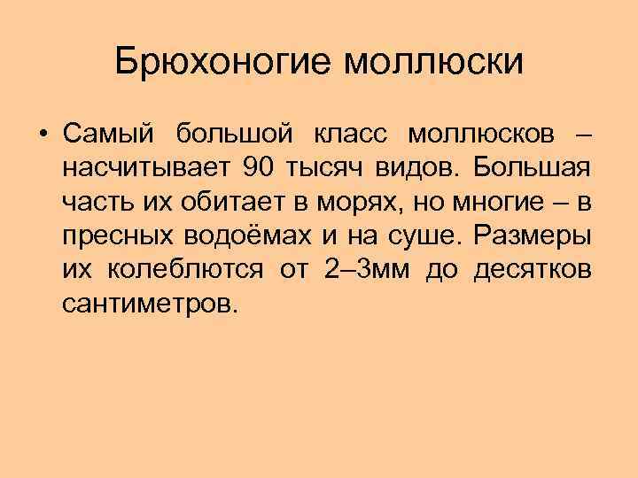 Брюхоногие моллюски • Самый большой класс моллюсков – насчитывает 90 тысяч видов. Большая часть