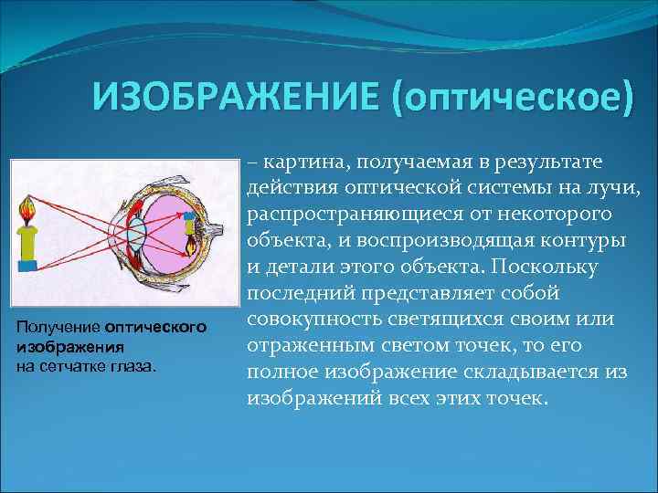 ИЗОБРАЖЕНИЕ (оптическое) Получение оптического изображения на сетчатке глаза. – картина, получаемая в результате действия