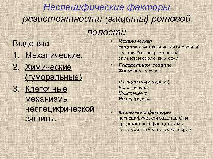 Неспецифические факторы резистентности (защиты) ротовой полости Выделяют 1. Механические, 2. Химические (гуморальные) 3. Клеточные