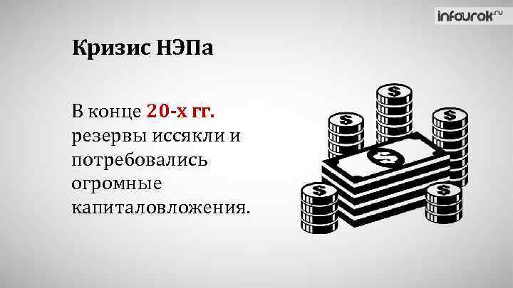 Кризис НЭПа В конце 20 -х гг. резервы иссякли и потребовались огромные капиталовложения. 