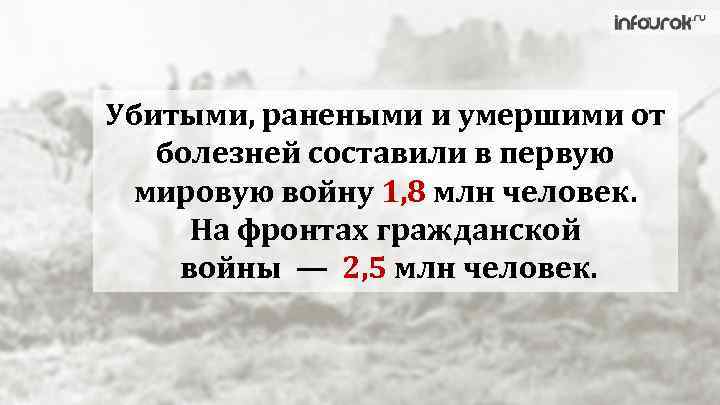 Убитыми, ранеными и умершими от болезней составили в первую мировую войну 1, 8 млн