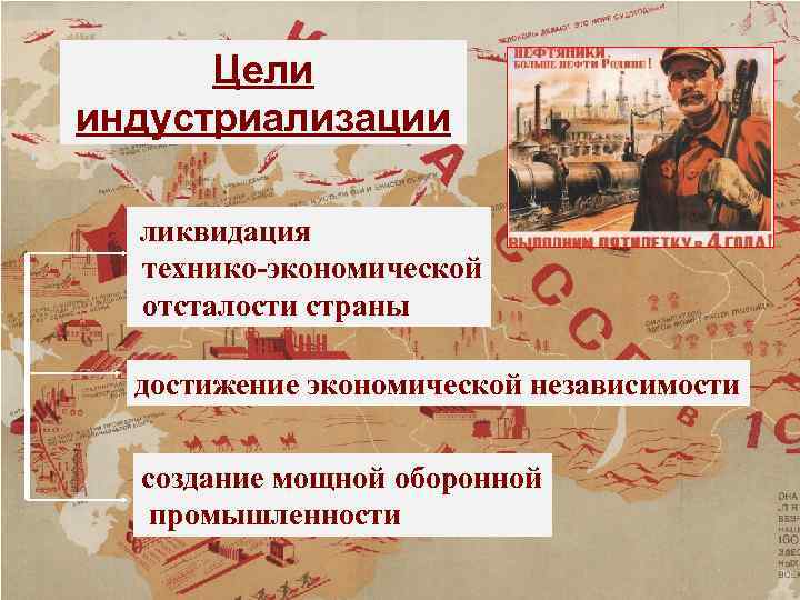 Цели индустриализации ликвидация технико-экономической отсталости страны достижение экономической независимости создание мощной оборонной промышленности 