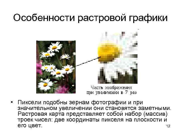 Особенности растровой графики • Пиксели подобны зернам фотографии и при значительном увеличении они становятся