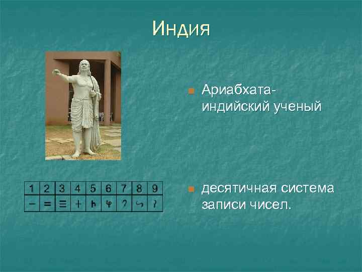 Индия n Ариабхатаиндийский ученый n десятичная система записи чисел. 