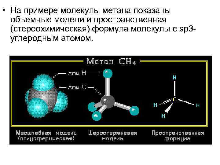  • На примере молекулы метана показаны объемные модели и пространственная (стереохимическая) формула молекулы