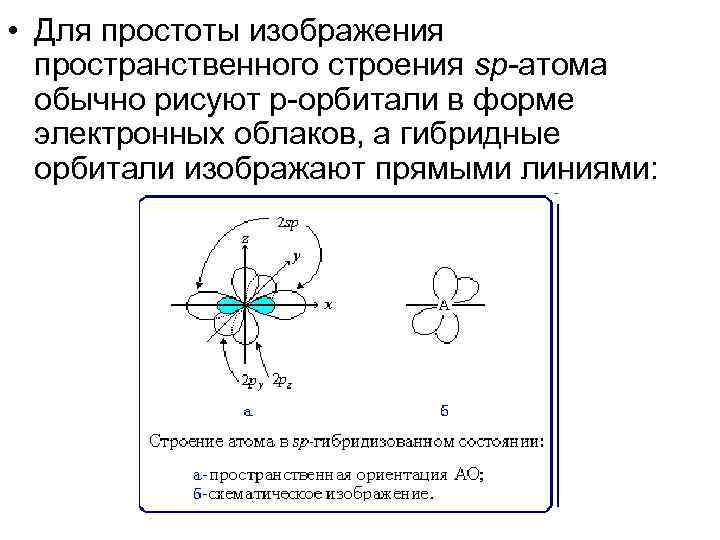  • Для простоты изображения пространственного строения sp-атома обычно рисуют р-орбитали в форме электронных