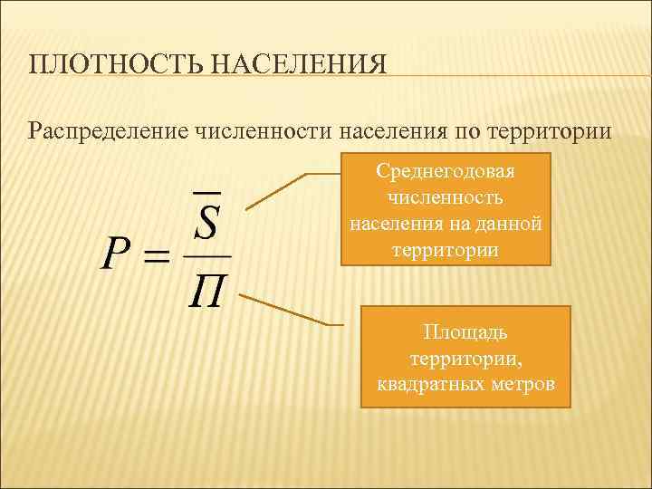 ПЛОТНОСТЬ НАСЕЛЕНИЯ Распределение численности населения по территории Среднегодовая численность населения на данной территории Площадь