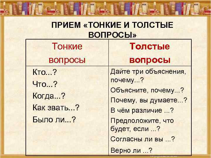 ПРИЕМ «ТОНКИЕ И ТОЛСТЫЕ ВОПРОСЫ» Тонкие вопросы Кто. . . ? Что. . .