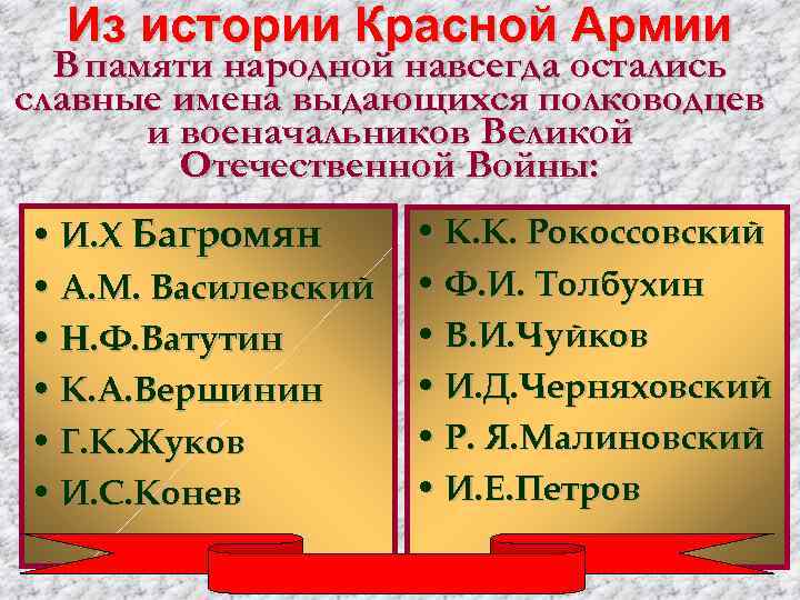 Из истории Красной Армии В памяти народной навсегда остались славные имена выдающихся полководцев и