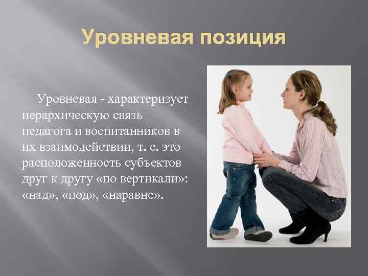 Уровневая позиция Уровневая - характеризует иерархическую связь педагога и воспитанников в их взаимодействии, т.