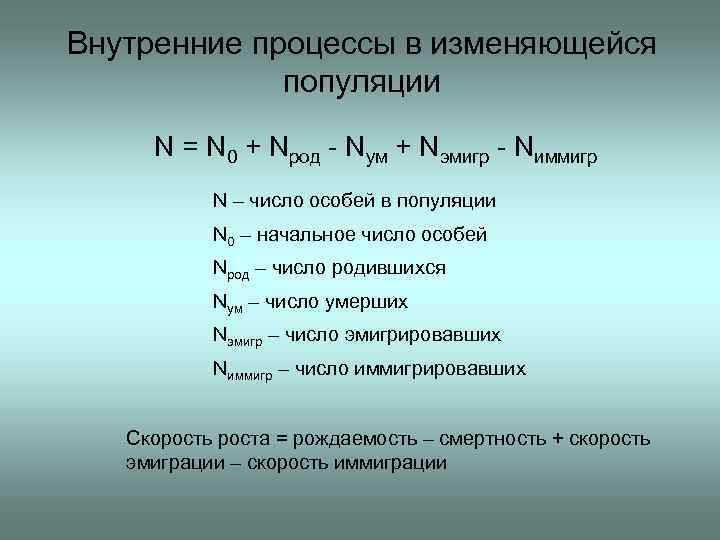 Внутренние процессы в изменяющейся популяции N = N 0 + Nрод - Nум +