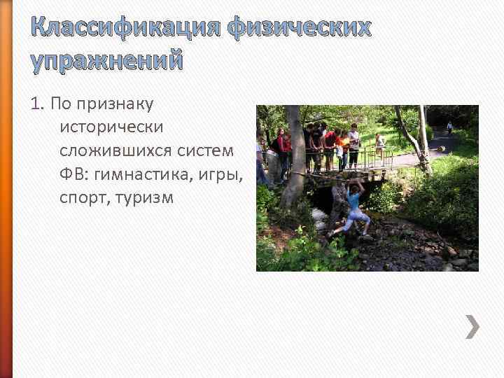 Классификация физических упражнений 1. По признаку исторически сложившихся систем ФВ: гимнастика, игры, спорт, туризм