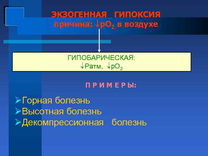 ЭКЗОГЕННАЯ ГИПОКСИЯ причина: р. О 2 в воздухе ГИПОБАРИЧЕСКАЯ: Pатм, р. О 2 П