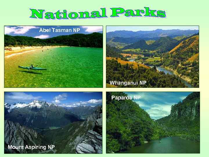 Abel Tasman NP Whanganui NP Paparoa NP Mount Aspiring NP 
