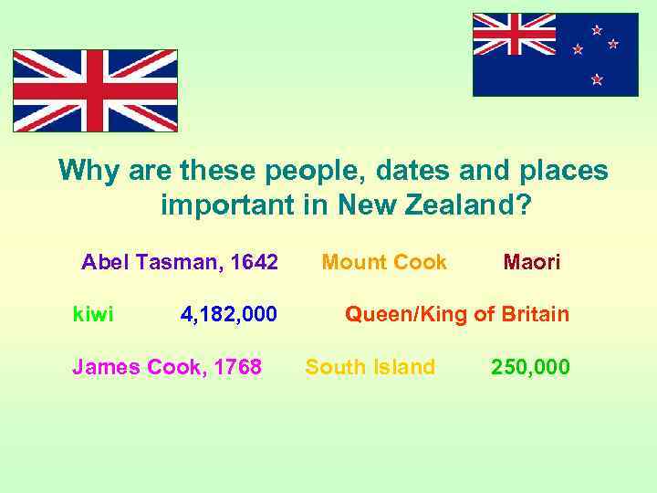Why are these people, dates and places important in New Zealand? Abel Tasman, 1642