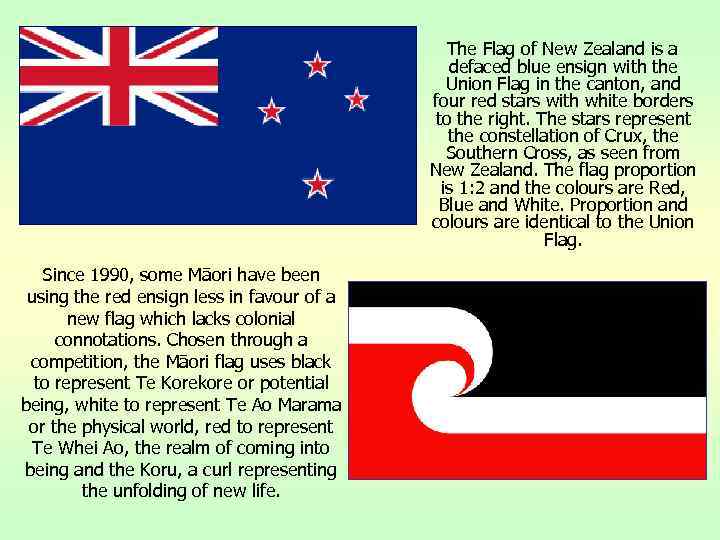 The Flag of New Zealand is a defaced blue ensign with the Union Flag