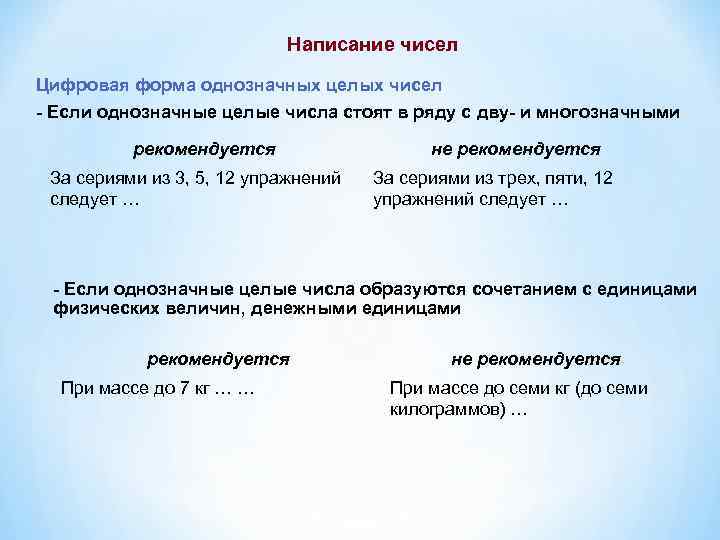 Написание чисел Цифровая форма однозначных целых чисел - Если однозначные целые числа стоят в