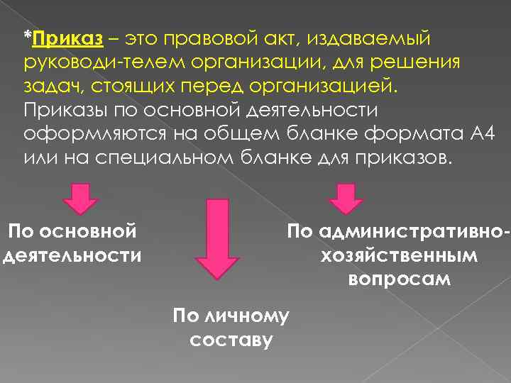 *Приказ – это правовой акт, издаваемый руководи-телем организации, для решения задач, стоящих перед организацией.