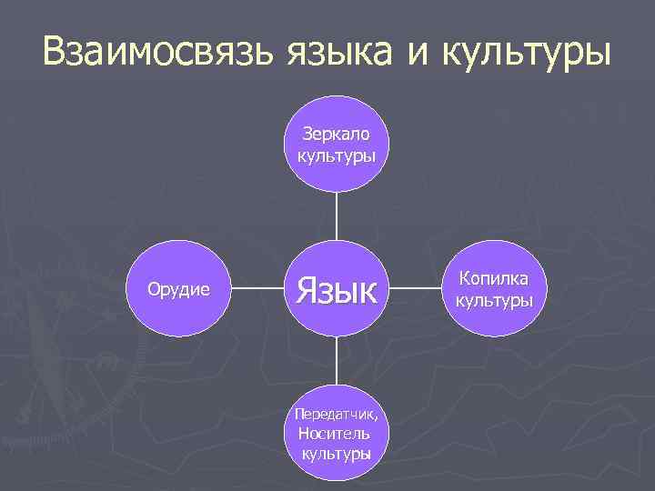 Взаимосвязь языка и культуры Зеркало культуры Орудие Язык Передатчик, Носитель культуры Копилка культуры 