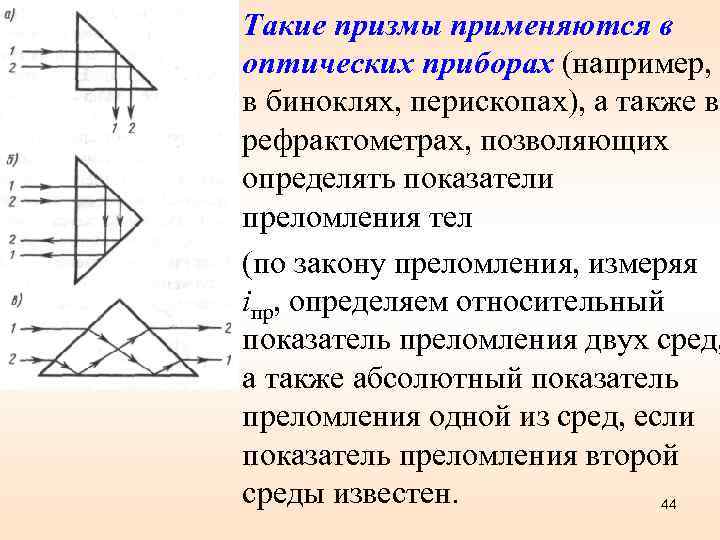 Такие призмы применяются в оптических приборах (например, в биноклях, перископах), а также в рефрактометрах,