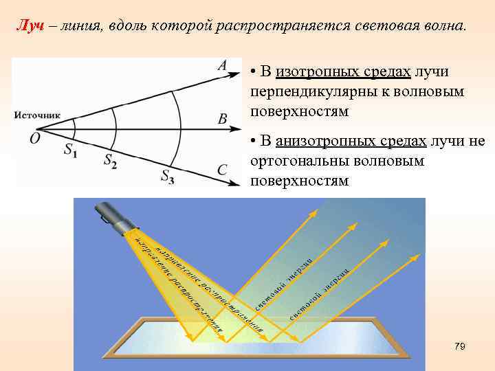 Луч – линия, вдоль которой распространяется световая волна. • В изотропных средах лучи перпендикулярны