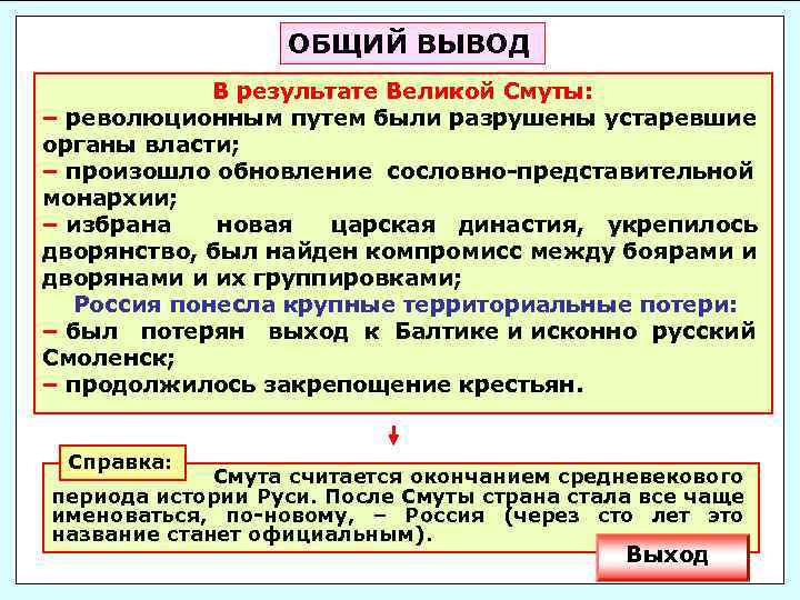 ОБЩИЙ ВЫВОД В результате Великой Смуты: – революционным путем были разрушены устаревшие органы власти;