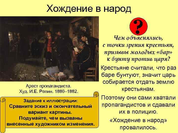 Хождение в народ ? Чем объяснялись, с точки зрения крестьян, призывы молодых «бар» к