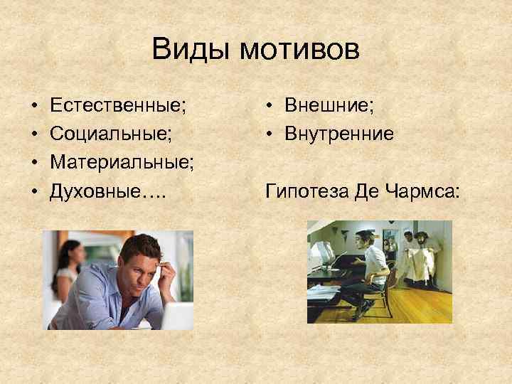 Виды мотивов • • Естественные; Социальные; Материальные; Духовные…. • Внешние; • Внутренние Гипотеза Де