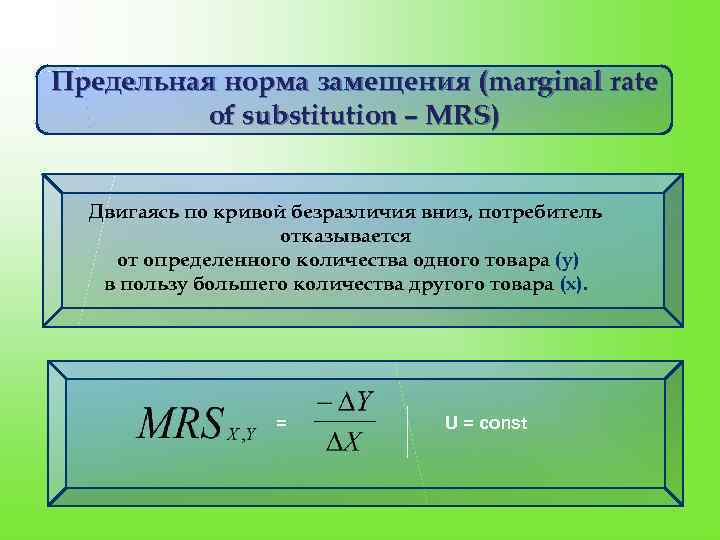 Предельная норма замещения (marginal rate of substitution – MRS) Двигаясь по кривой безразличия вниз,