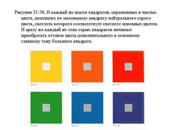 Рисунки 31 -36. В каждый их шести квадратов, окрашенных в чистые цвета, помещено по