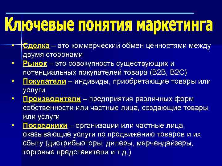  • • • Сделка – это коммерческий обмен ценностями между двумя сторонами Рынок