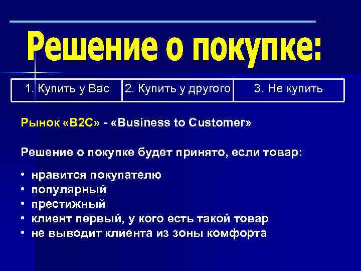 1. Купить у Вас 2. Купить у другого 3. Не купить Рынок «В 2