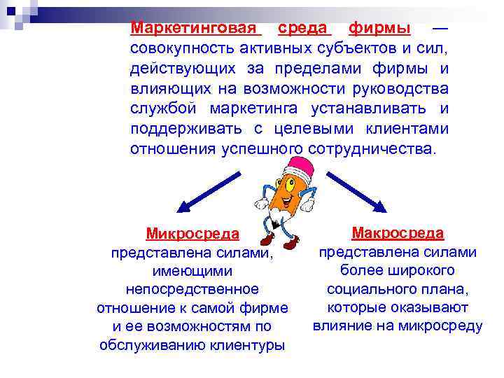 Маркетинговая среда фирмы ― совокупность активных субъектов и сил, действующих за пределами фирмы и