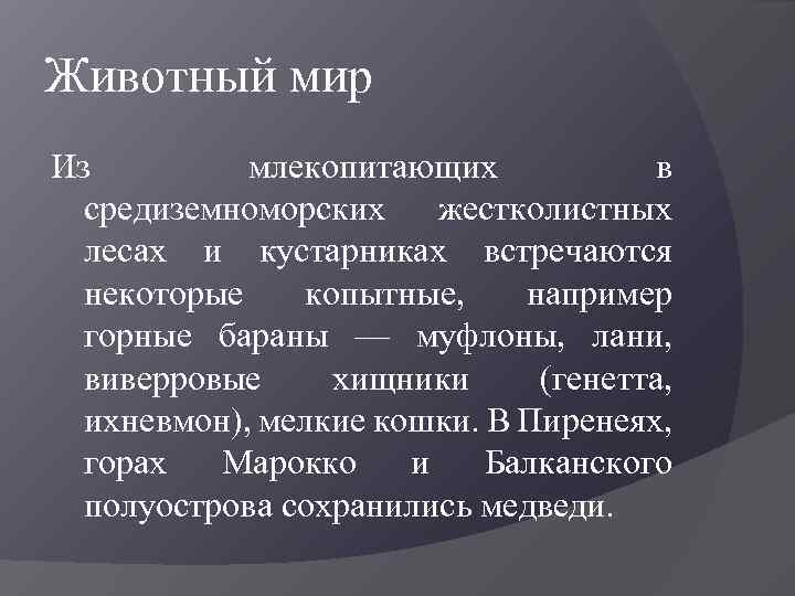 Животный мир Из млекопитающих в средиземноморских жестколистных лесах и кустарниках встречаются некоторые копытные, например