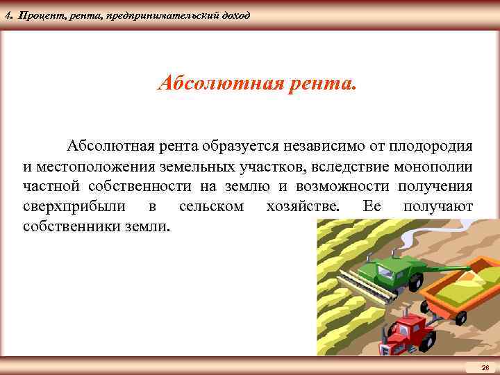 ЦМАКП 4. Процент, рента, предпринимательский доход Абсолютная рента образуется независимо от плодородия и местоположения