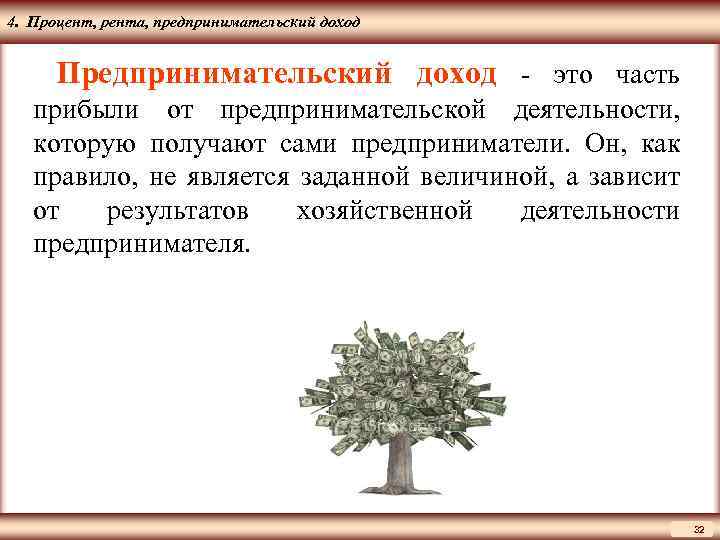 ЦМАКП 4. Процент, рента, предпринимательский доход Предпринимательский доход - это часть прибыли от предпринимательской