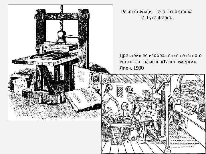 Реконструкция печатного станка И. Гутенберга. Древнейшее изображение печатного станка на гравюре «Танец смерти» .