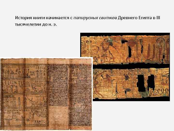 История книги начинается с папирусных свитков Древнего Египта в III тысячелетии до н. э.