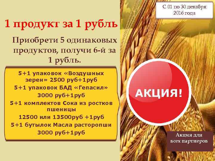 С 01 по 30 декабря 2016 года 1 продукт за 1 рубль Приобрети 5
