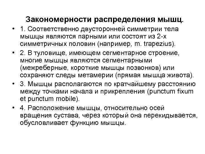 Закономерности распределения мышц. • 1. Соответственно двусторонней симметрии тела мышцы являются парными или состоят