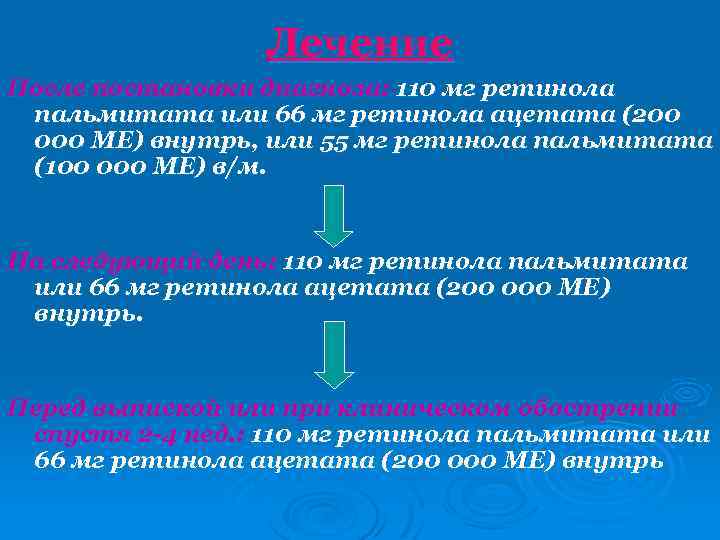 Лечение После постановки диагноза: 110 мг ретинола пальмитата или 66 мг ретинола ацетата (200