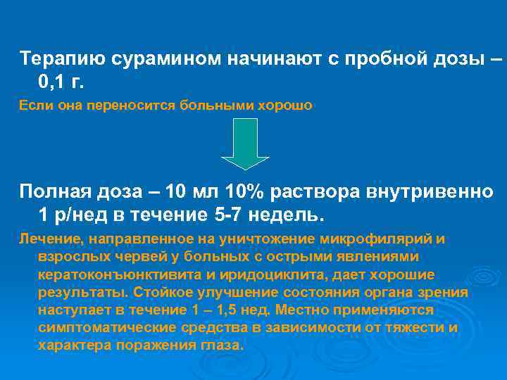 Терапию сурамином начинают с пробной дозы – 0, 1 г. Если она переносится больными