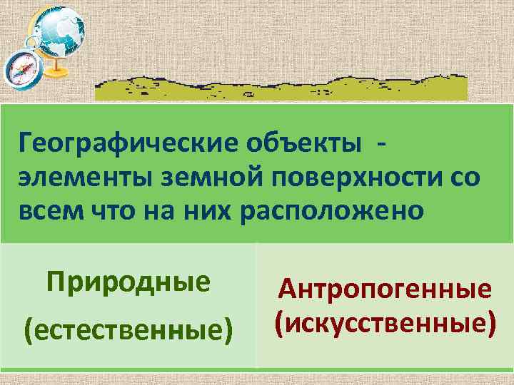 Географические объекты - элементы земной поверхности со всем что на них расположено Природные (естественные)